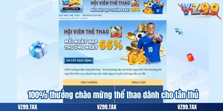 100% thưởng chào mừng thể thao dành cho tân thủ